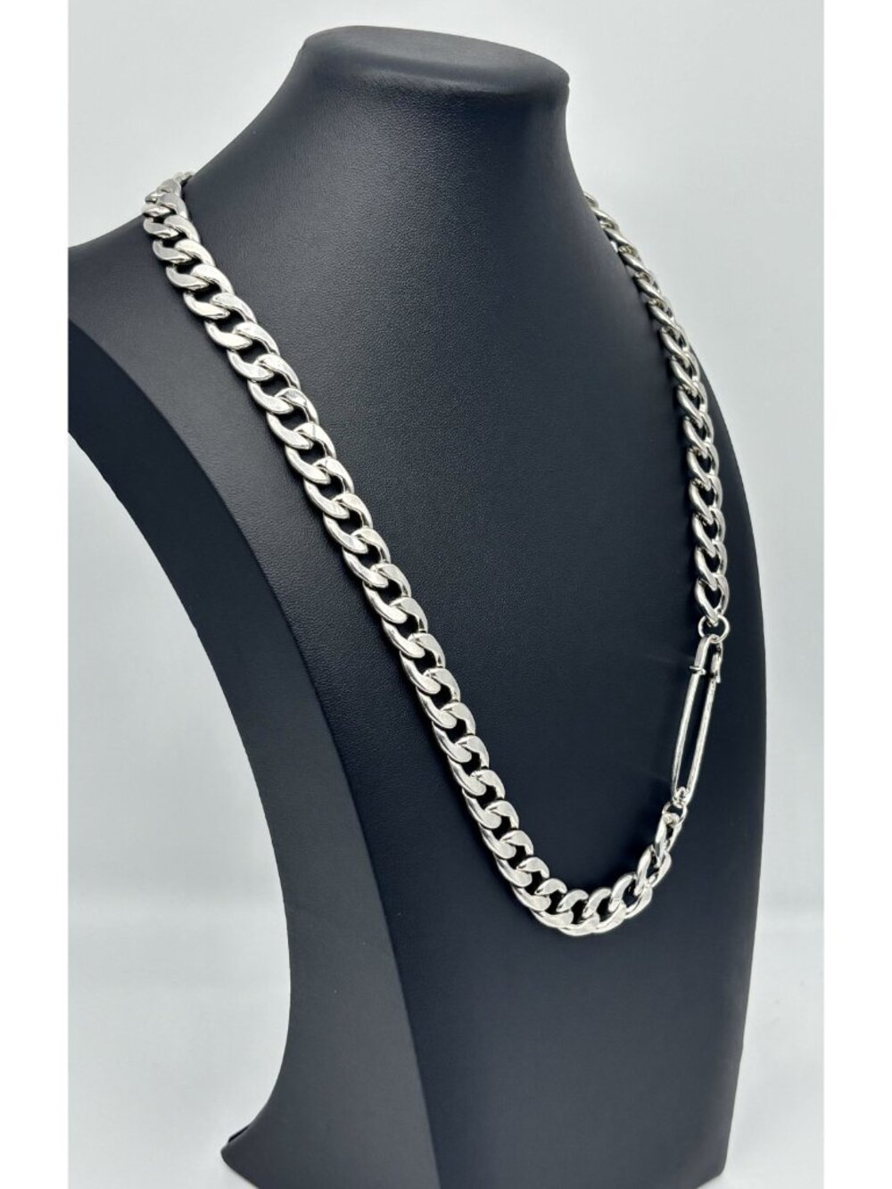 Chunky Silver-Tone Cuban Link Chain Necklace W/Faux Safety Pin Accent Adjustable - Picture 2 of 11